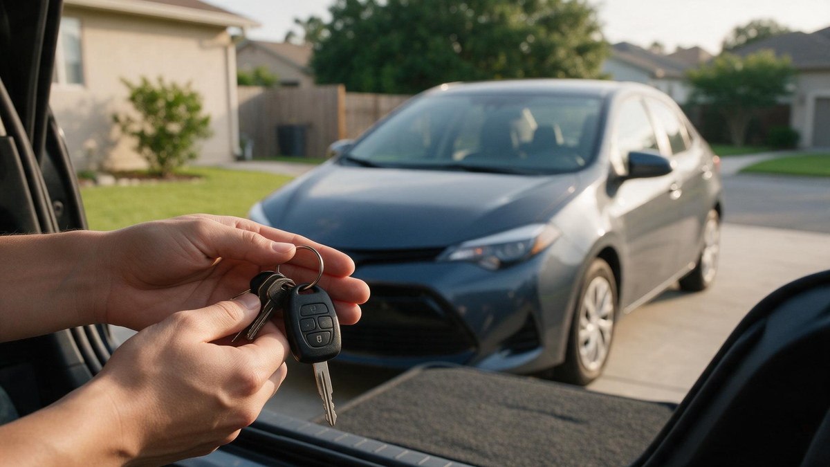 O que olhar antes de contratar um seguro auto (além do preço) Mãos segurando a chave de um carro ao lado da porta aberta do veículo, em fim de tarde
